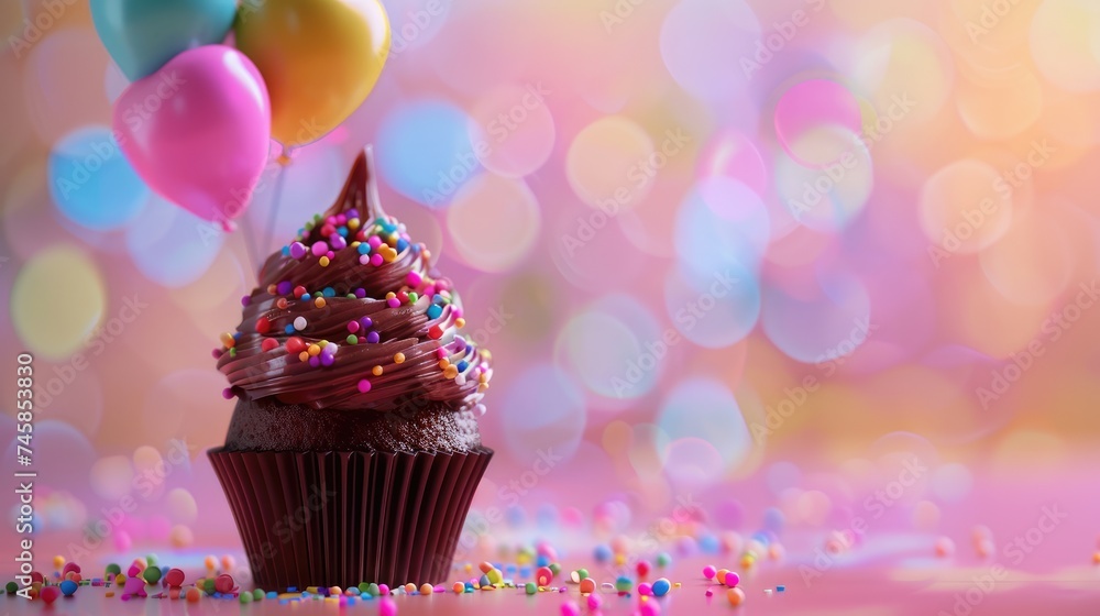 Birthday cupcake. cupcake stands against a blurred background with balloons