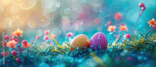 colorful painted eggs on the grass. Easter eggs. banner.