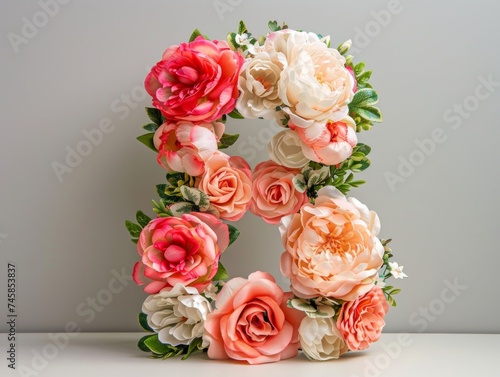 A decorative number 8 composed of a vibrant assortment of faux roses and floral elements