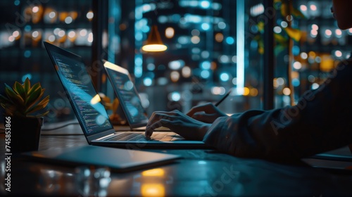 Closeup business woman working on laptop at the dark office room against the window looking to the cityscape building with lights photo