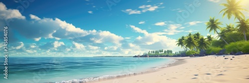 Sea panorama, tropical beach banner. view of a sandy beach with palm trees and ocean