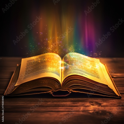 Open magic book with magic light on vintage background. open book on the background of an old library.