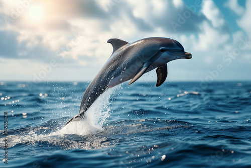 Dolphins gracefully jump on the surface of the ocean.