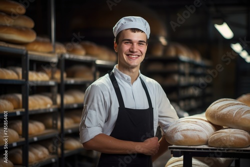 Portrait of a male baker in a bakery with bread and oven in the background.bread production