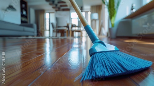 Wallpaper Mural Closeup broom with a handle sweeping the modern apartment parquet floor Torontodigital.ca