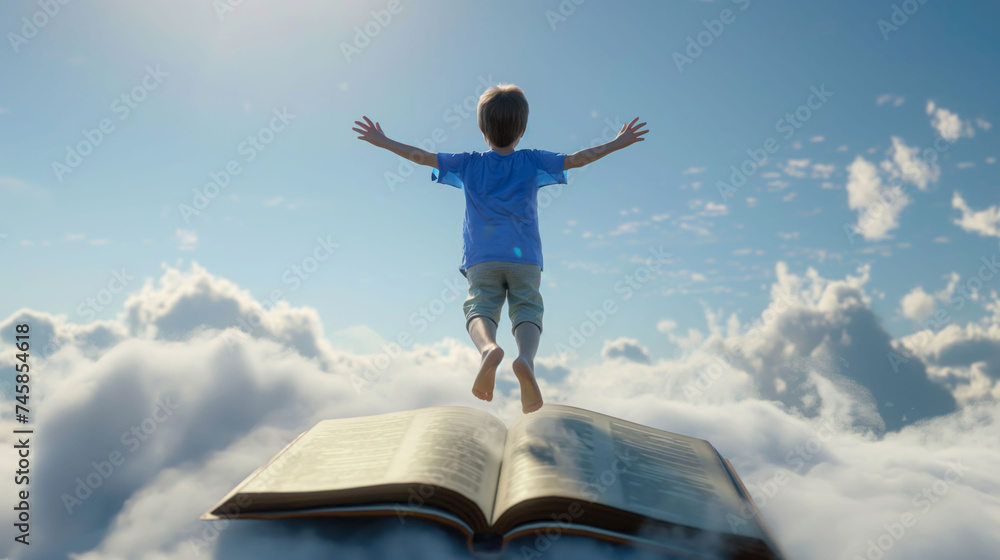 Rear view of a boy with open arms attempting to fly out of book on the sky with clouds
