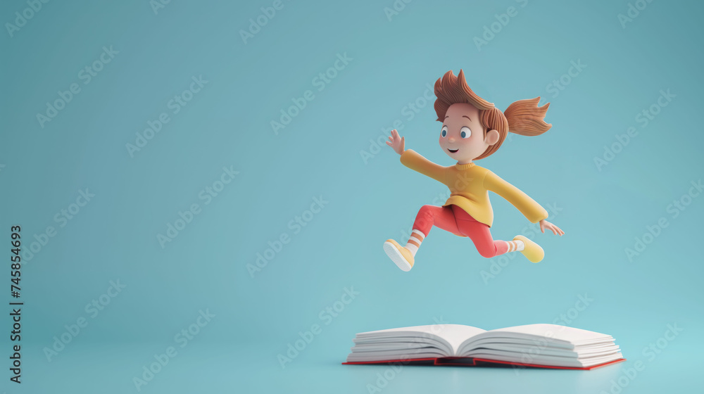 3d girl character jumping from book on isolated blue background with space for copy