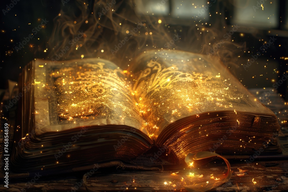 Obraz premium Open magic book with magic light on vintage background. open book on the background of an old library.