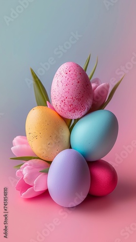 Vibrantly colored Easter eggs nestled among pink tulips on a soft pink background, a festive celebration of the spring season