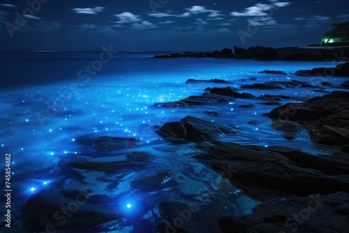 blue shining water in the sea bioluminescence seascape