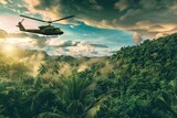 War Helicopter flying over Vietnam jungle 