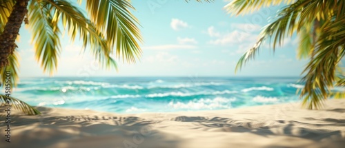 Sea panorama  tropical beach banner. view of a sandy beach with palm trees and ocean