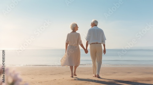 an elderly couple enjoying a beach holiday. elderly couple walking and having fun on the shore