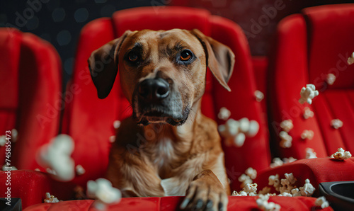 A beautiful and cute dog is watching a movie in the cinema sitting in the hall on red seats with popcorn flying everywhere. Funny cinema animal concept banner with copy space.