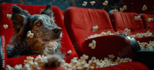 A beautiful and cute dog is watching a movie in the cinema sitting in the hall on red seats with popcorn flying everywhere. Funny cinema animal concept banner with copy space. photo