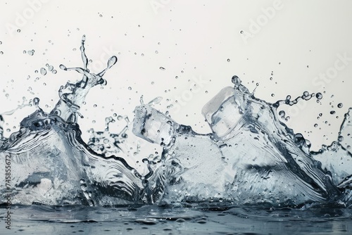 Splashes of water with ice cubes. ice cubes fall into the water and create splashes