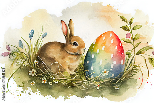 Easter bunny watercolor background. AI generated photo