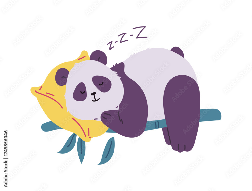 Cute panda sleeping with a pillow on bamboo branch, big Asian bear with black and white fluffy wool, vector wild animal Cute panda sleeping with a pillow on bamboo branch, big Asian bear with black and white fluffy wool, vector wild animal