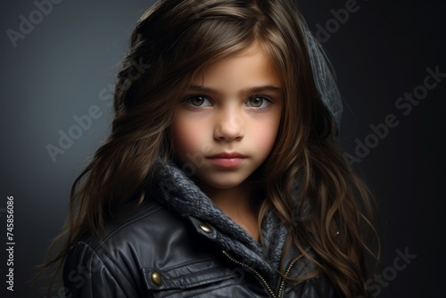 portrait of a beautiful little girl in a black jacket and hood photo