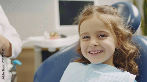 Portrait of smiling little girl in dental chair, teeth check