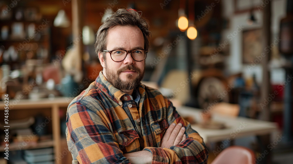 Confident Artisan in Plaid Shirt Standing in Workshop