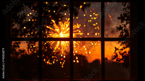 Fireworks seen through a window. photo