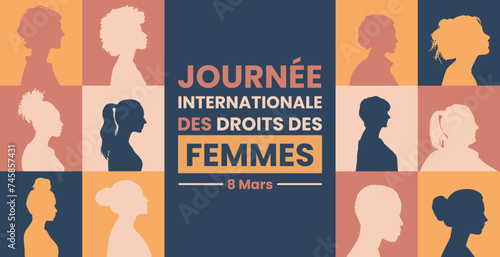 Journée internationale des droits des femmes - 8 mars - Bannière militante pour célébrer les femmes - Titre, illustrations vectorielles poétiques de femmes de profil - Inclusion, diversité, droits photo