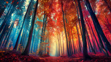 Forest with Tall Trees mostly with red leaves, Level Photo, Generative AI