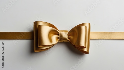 Moño de color dorado, hecho con listón, sobre fondo blanco 