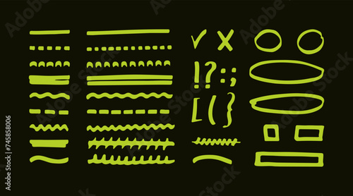 Hand drawn marker highlighters, underline, shapes and signs set