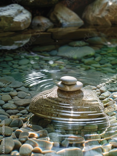 serene Zen garden, minimalist design, tranquil pond, smooth pebbles, gentle ripples in water, soft morning light, harmonious balance, peaceful meditation space, quiet reflection, 