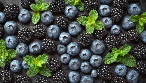 Fresh blueberries and blackberry on a table.  photo