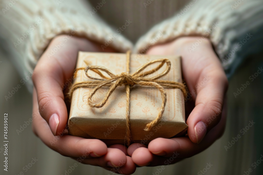 Beautiful girl hands with gift box closeup for Valentine's Day, birthday, Mother's Day Beautiful girl hands with gift box closeup for Valentine's Day, birthday, Mother's Day