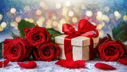 Red roses and gift box with red ribbon.