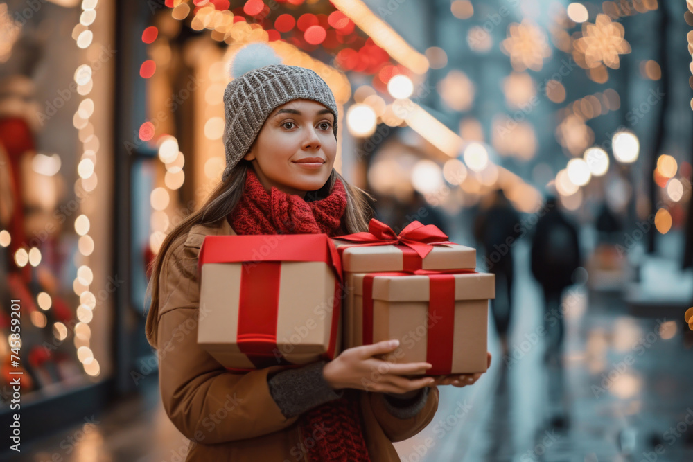 A beautiful young happy girl holds beautiful boxes with Christmas gifts in her hands. Close-up. Shopping, birthday, valentine's day