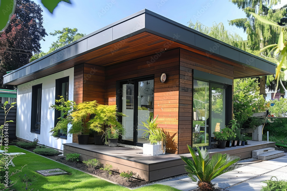 View exterior layout of a modern small house facade trim of rectangular boards, many plants