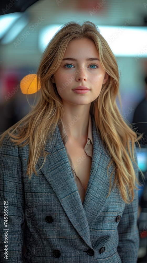 Fototapeta premium Elegance in the City: A Stylish Ensemble Amidst Urban Hustle