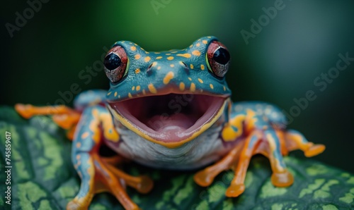 Cute frog looking straight with his mouth open on a blurred green background.