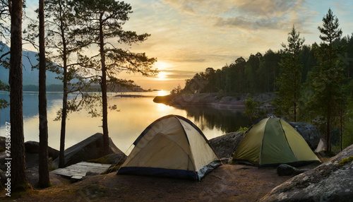 Camping on the lake beach in the forest, at the sunset. 