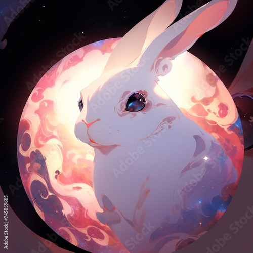 Gaze upon a cosmic a newly discovered planet with features mirroring a rabbit's face, nestled in the embrace of celestial beauty photo