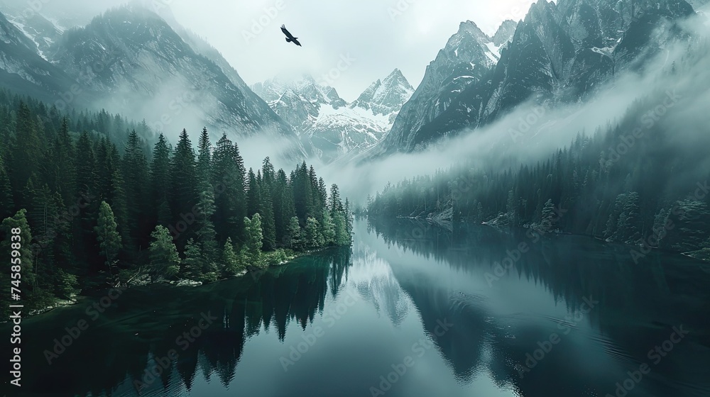 A bird flies over a misty lake surrounded by a pine forest and snow-capped mountains, creating a serene and tranquil atmosphere ideal for travel or environmental themes. - obrazy, fototapety, plakaty 