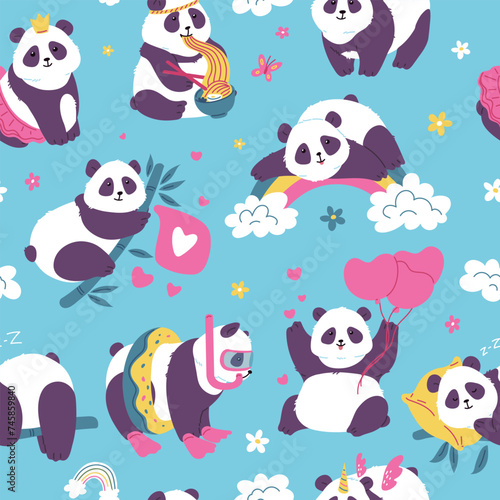 Seamless pattern with cute funny pandas flat style, vector illustration