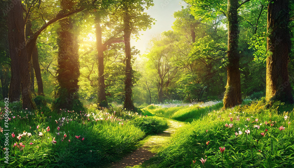 Fototapeta premium Beautiful morning in the forest with sun light.