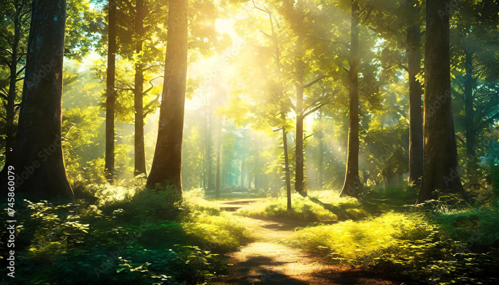 Obraz premium Beautiful morning in the forest with sun light.