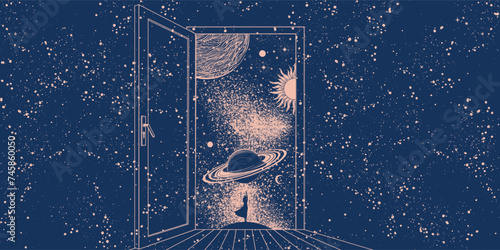 An open door to outer space with a girl standing with her back and flying planets. Concept illustration of imagination, mysticism and astrology, science. Vector surreal banner.