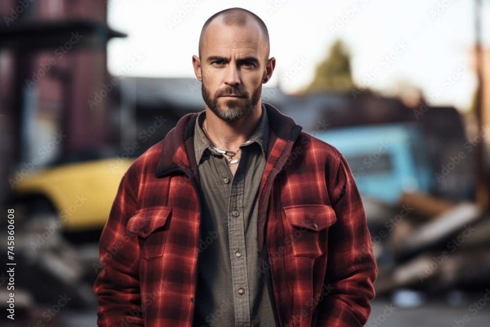Portrait of a bearded man in a red checkered shirt. Portrait of a bearded man in a red checkered shirt.