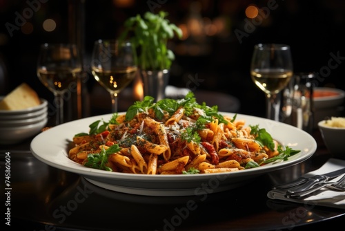Penne pasta with Parmesan on a ceramic plate in a luxury restaurant, generative IA