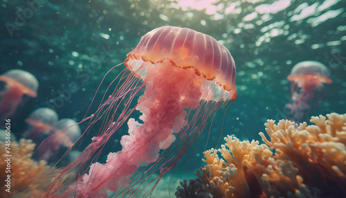 Jellyfish in the blue water. Underwater life background.. Jellyfish wallpaper. 