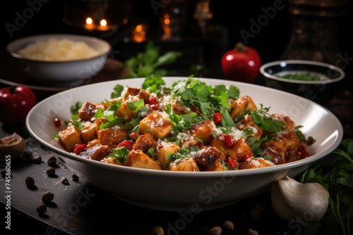 Rigatoni pasta with chicken meat and eggplant in tomato sauce in a bowl, generative IA