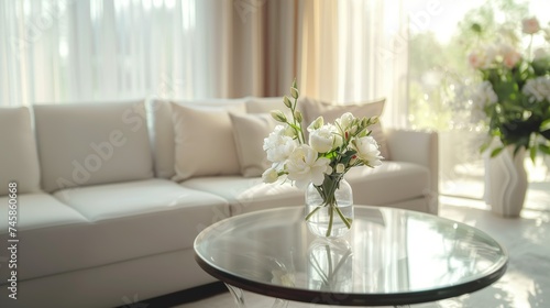 Living room in natural light. White sofa with cushions. Glass round table with a vase of fresh white flowers. Home decor, real estate interiors, comfort, aesthetics.